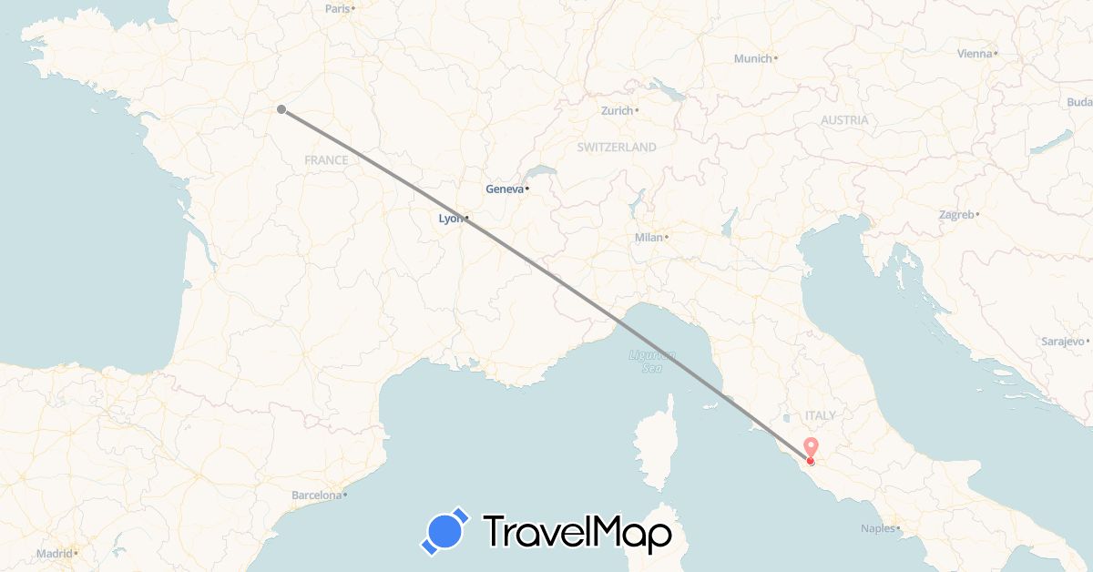 TravelMap itinerary: plane, hiking in France, Italy, Vatican City (Europe)