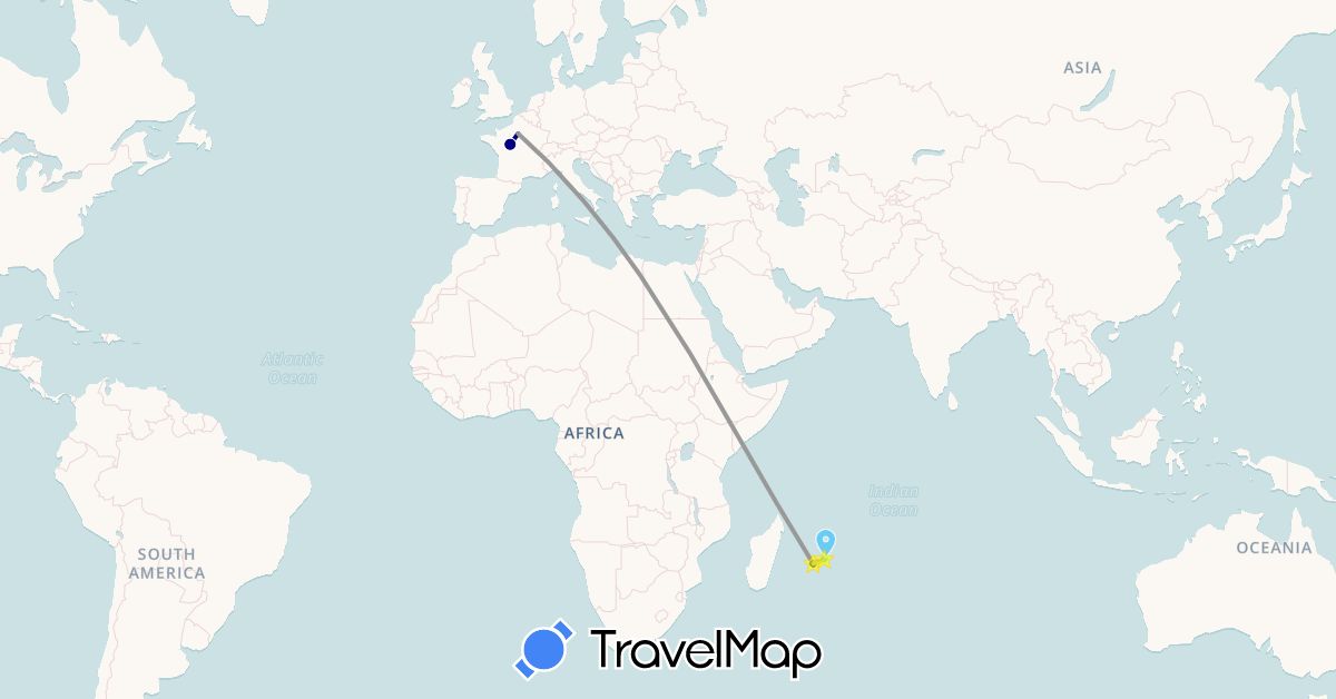 TravelMap itinerary: driving, plane, boat in France, Mauritius, Réunion (Africa, Europe)